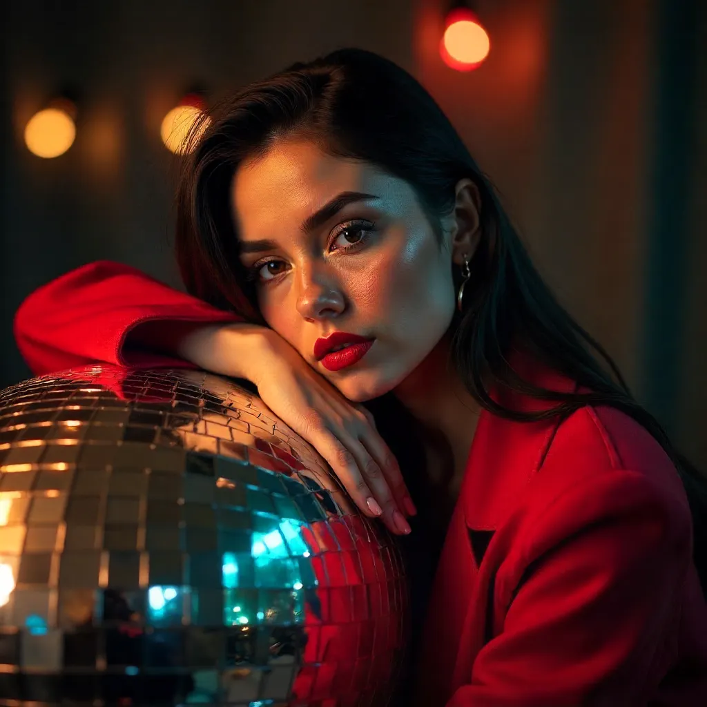 Portrait of a Woman in a Red Jacket by a Disco Ball