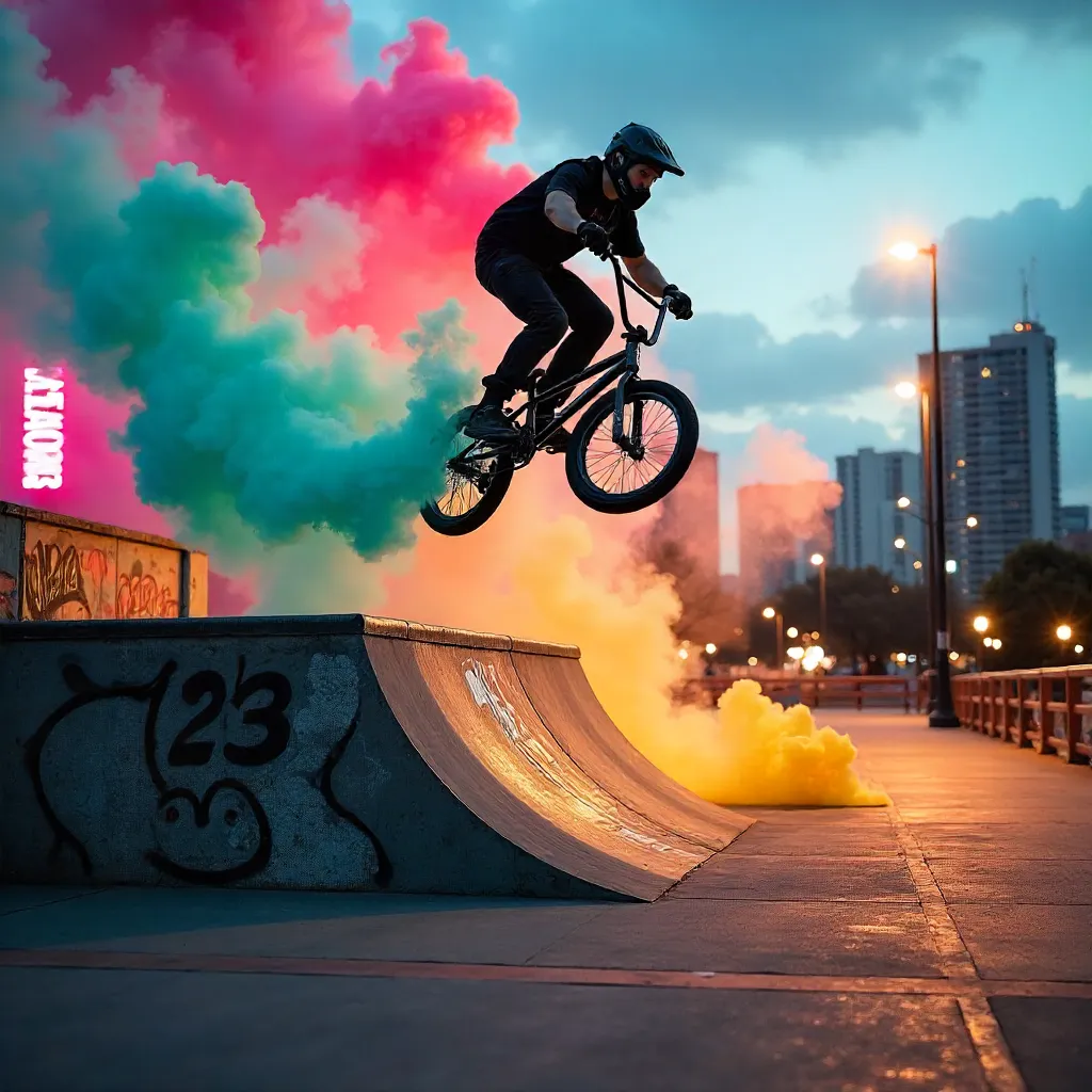 Aerial BMX Stunt in Urban Park with Colorful Smoke