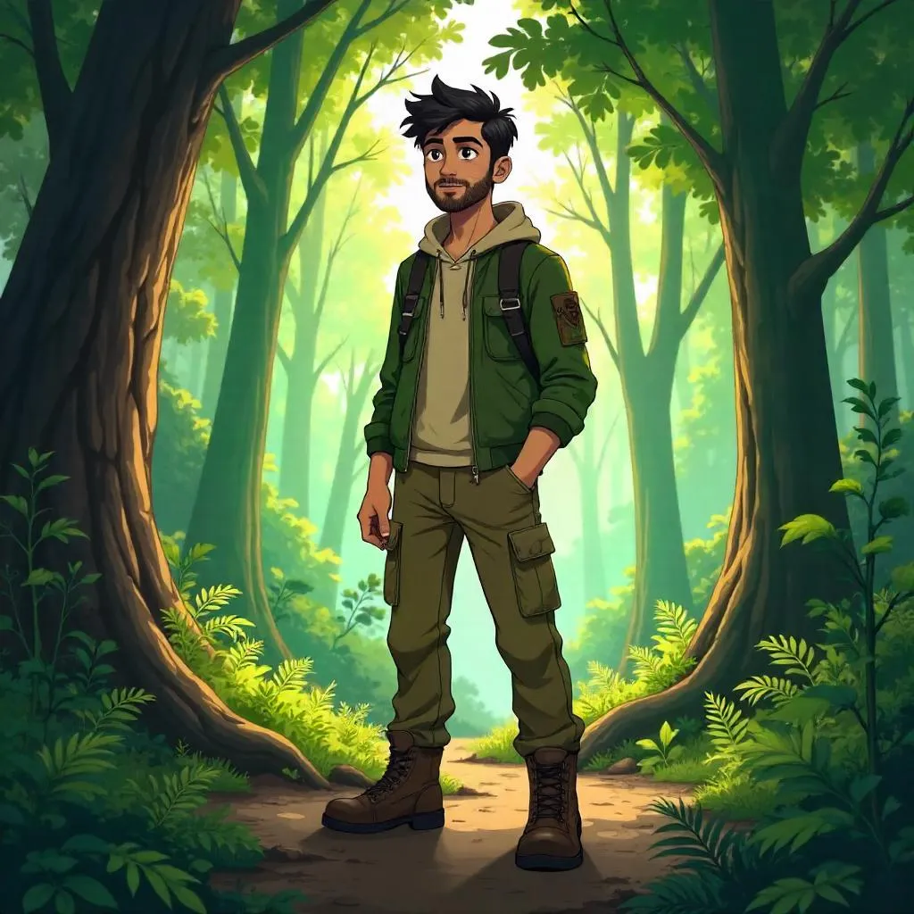Anime Forest Wanderer: Young Middle Eastern Man