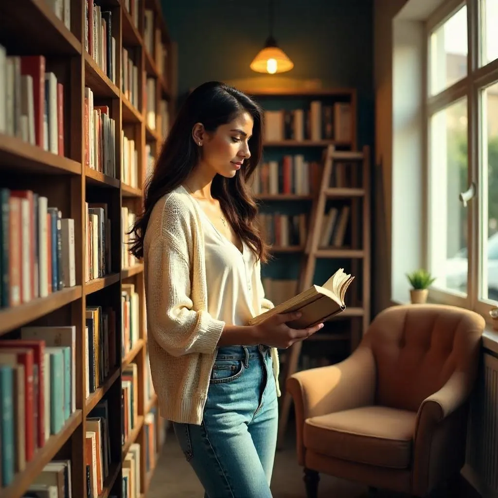 Photorealistic scene of a young Middle Eastern woman in a cozy bookstore