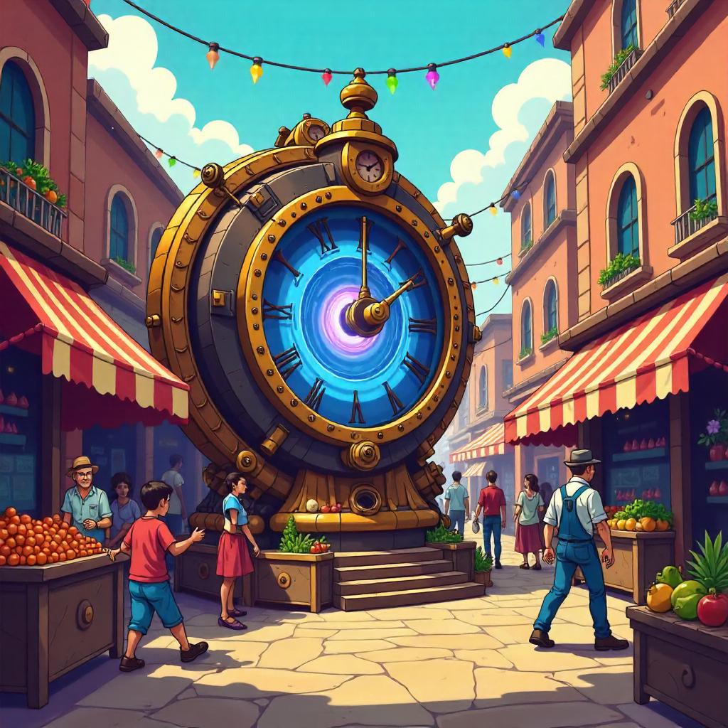 Time Machine in a Bustling Cartoon Marketplace