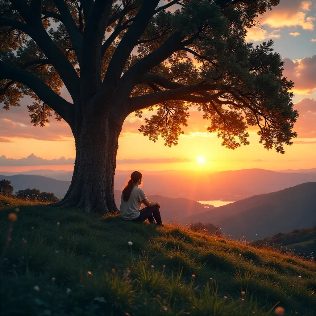 Solitary Reflection Under the Sunset Tree