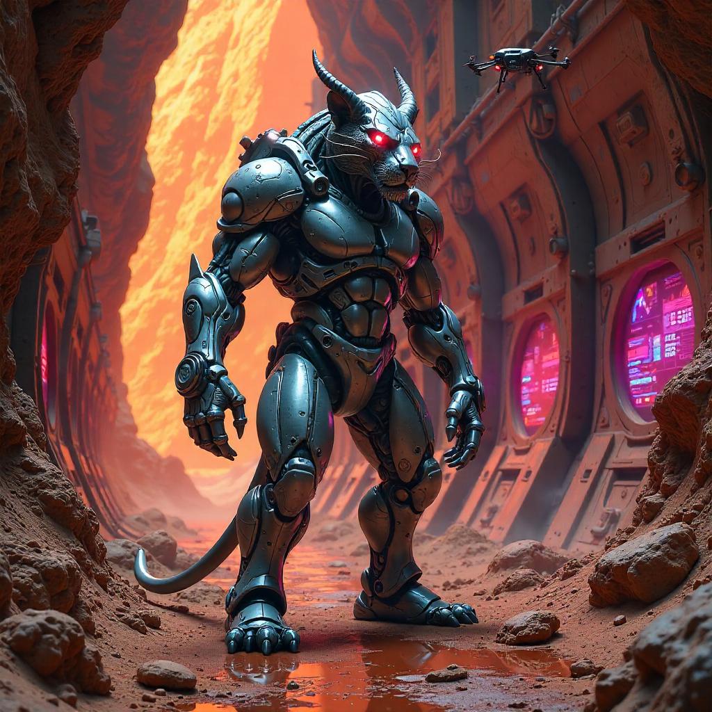 Manticore Cyborg in a Neon Martian Base