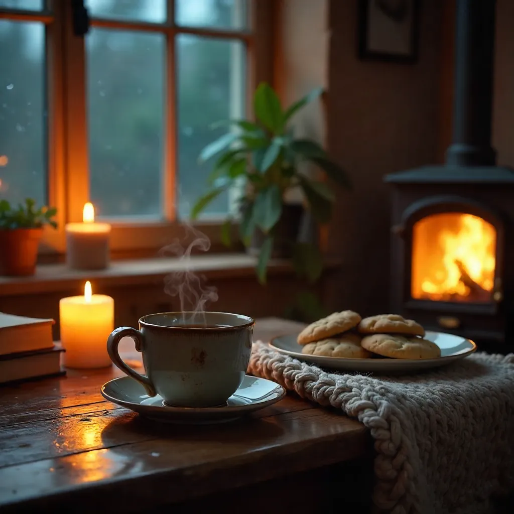 Warm Indoor Tea by Candlelight in the Rain
