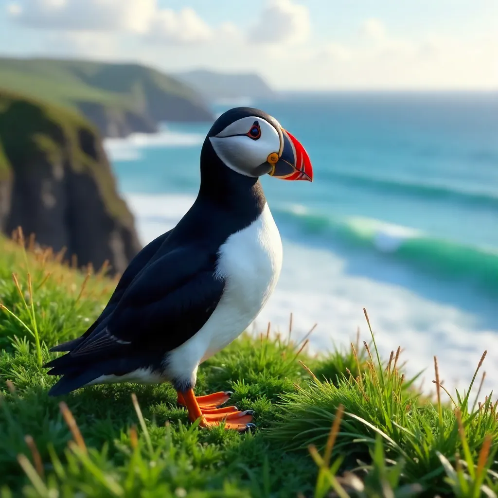Atlantic Puffin on Grassy Cliff by the Sea
