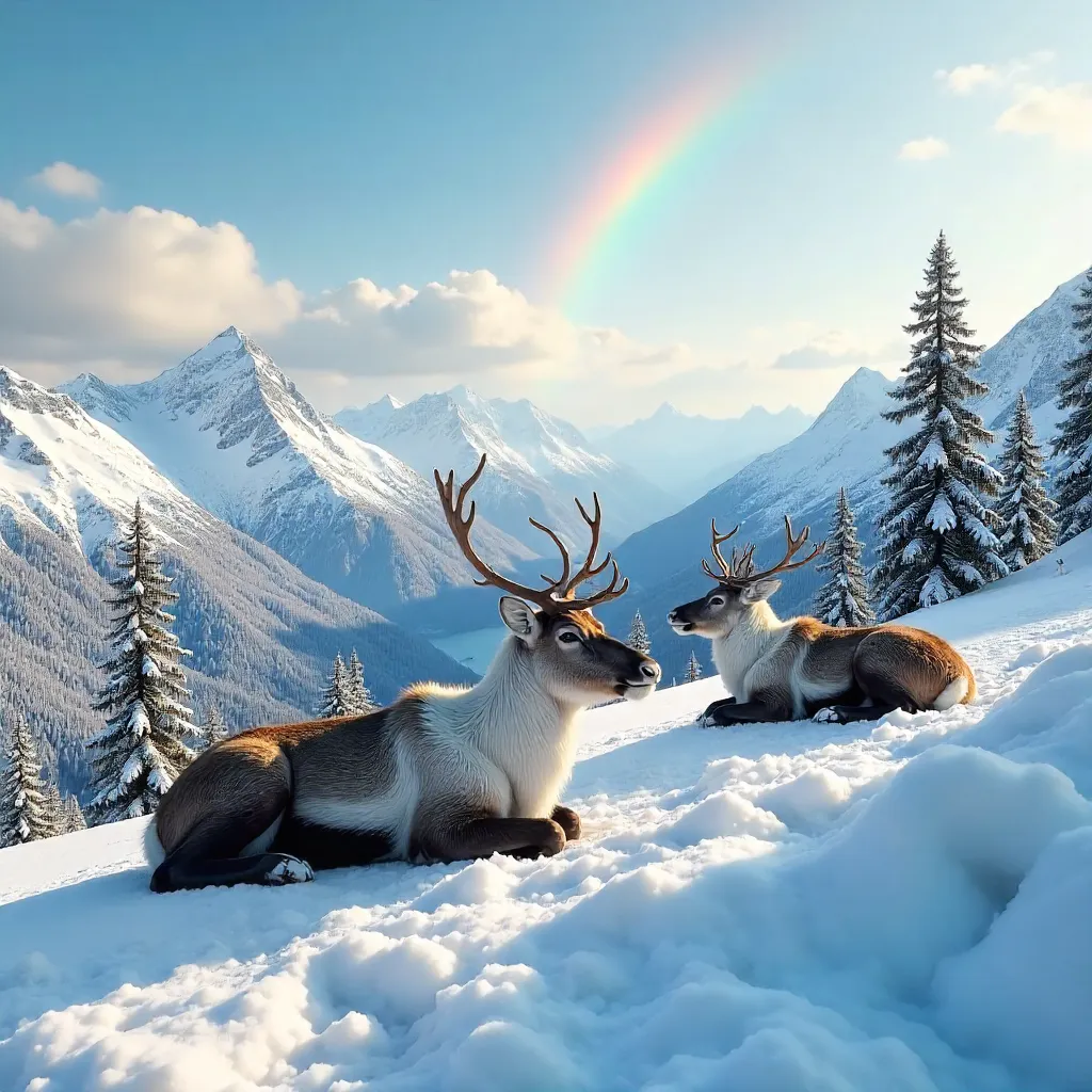Reindeer Rest on a Norwegian Snowfield Beneath a Rainbow