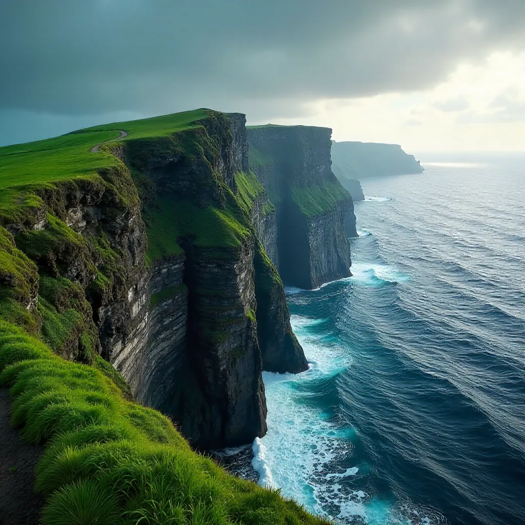 Emerald Cliffs Meet the Ocean Under Cloudy Skies