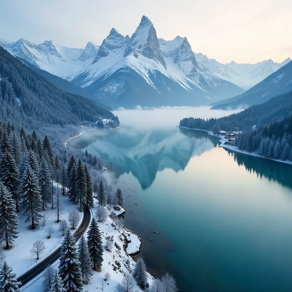 Aerial Bavarian Road Across a Misty Lake