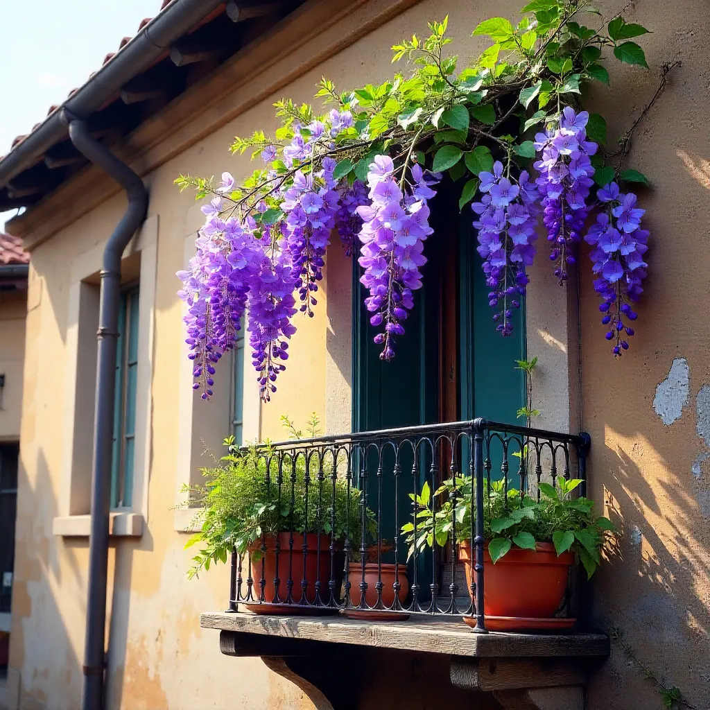Balcony in Bloom: Purple Wisteria on a Rustic Facade