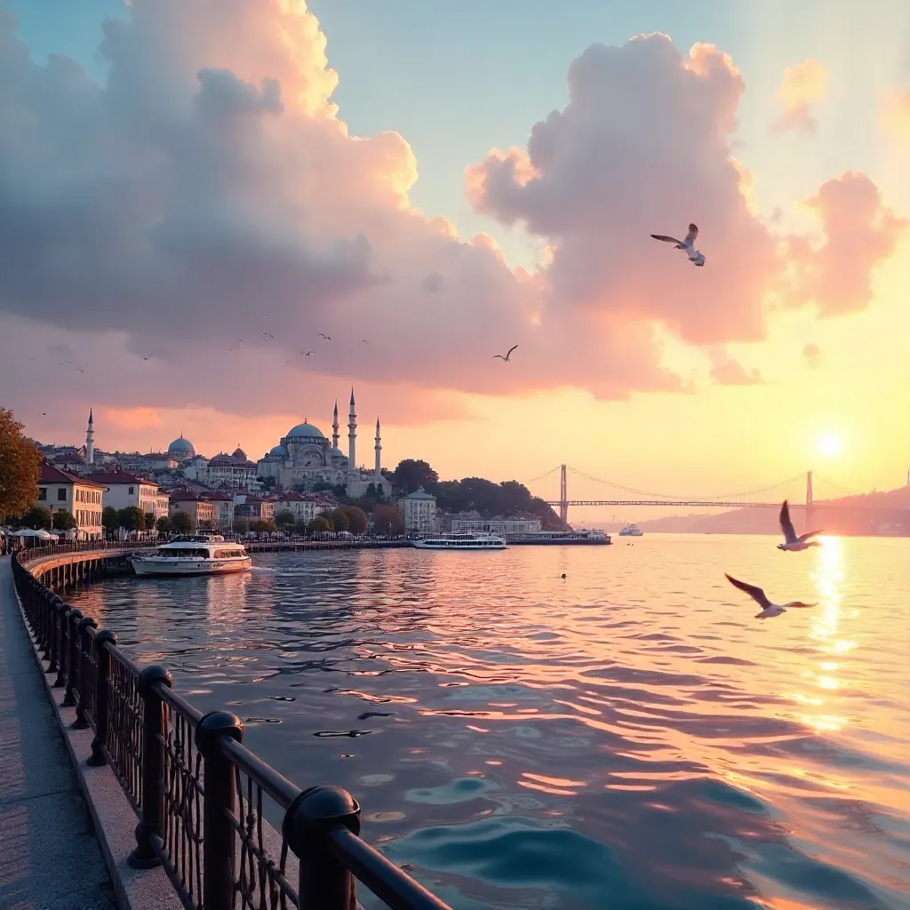 Serene Istanbul by the Bosphorus: Seagulls over the Cityscape