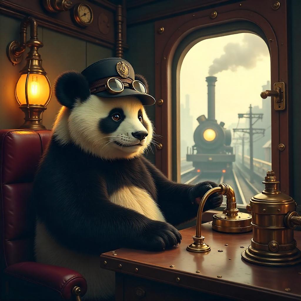 Panda Engineer in a Steam Engine Cab