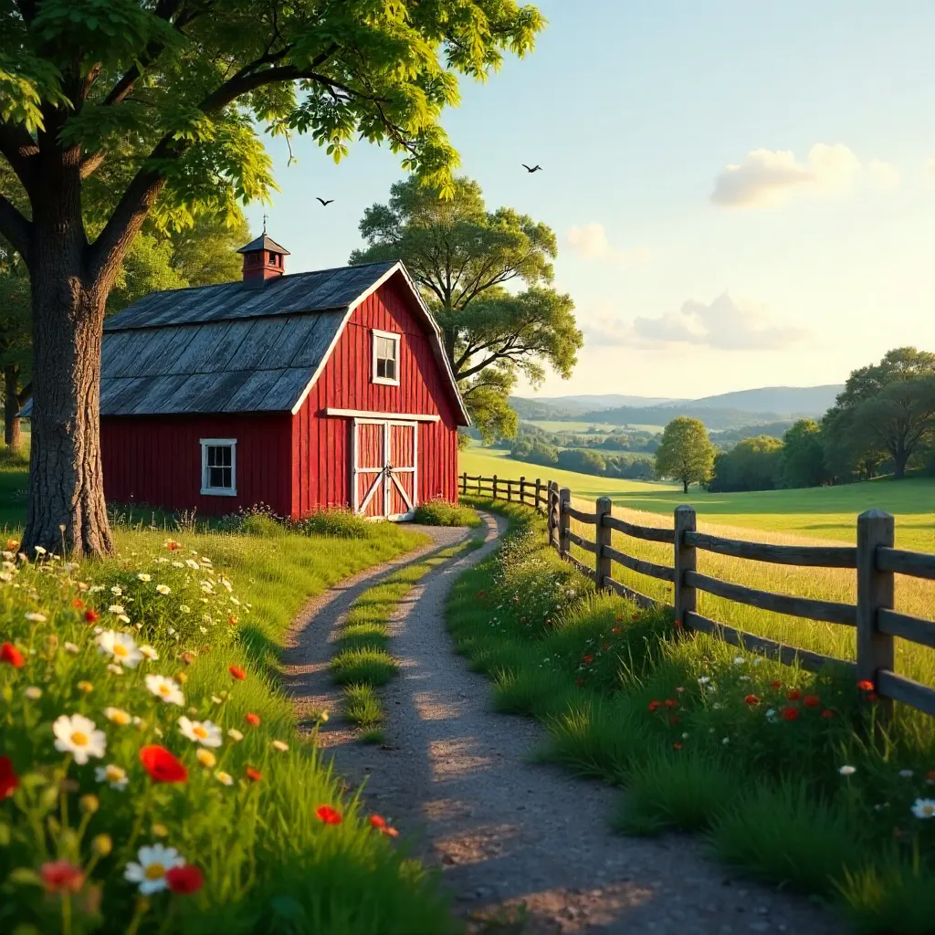 Serene Rustic Barn Surrounded by Lush Countryside Greens