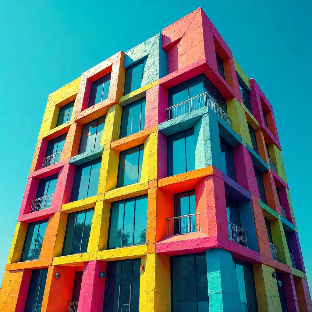 Vibrant Geometric Facade Under Blue Sky