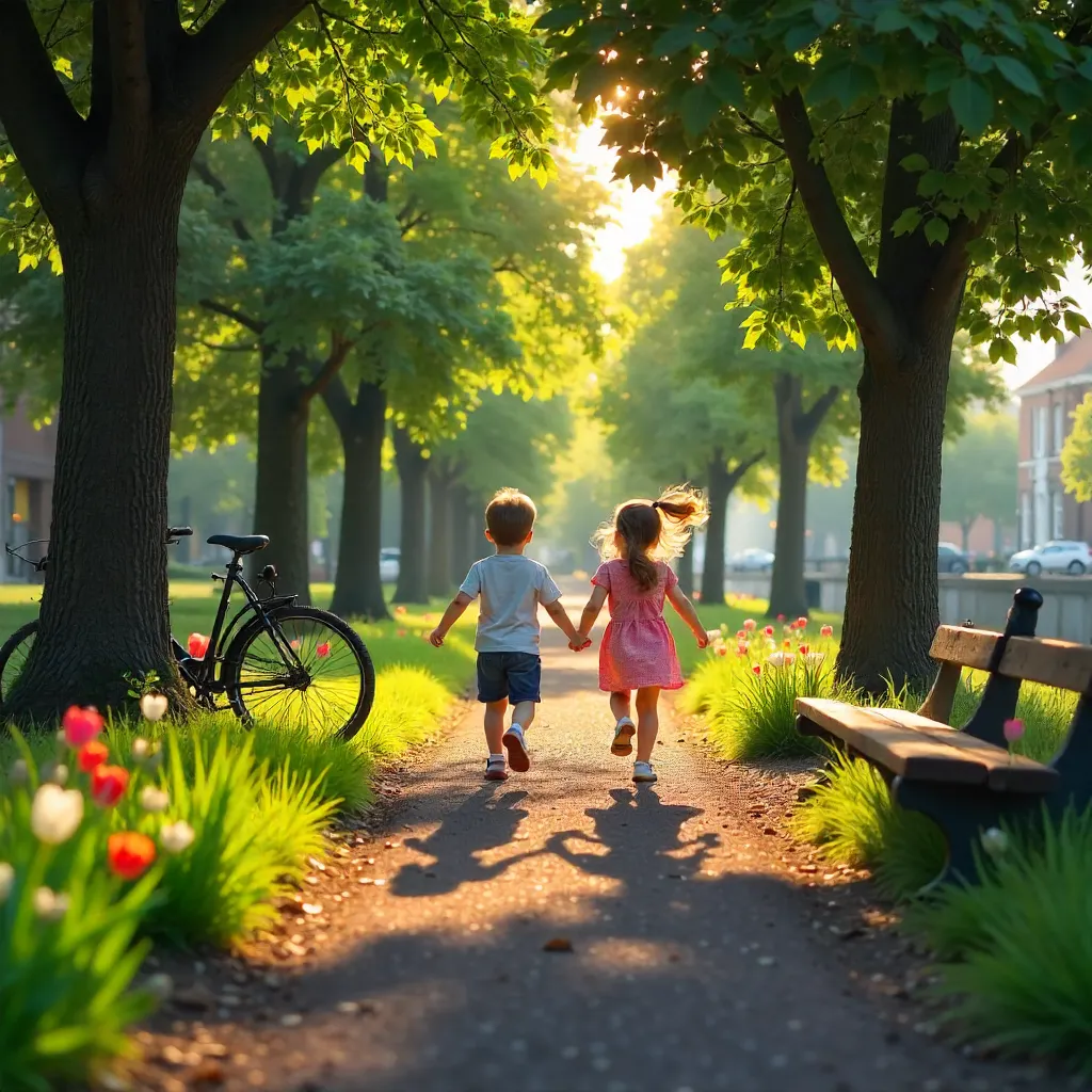 Two Children Play Along a Tree-Lined Utrecht Park Path