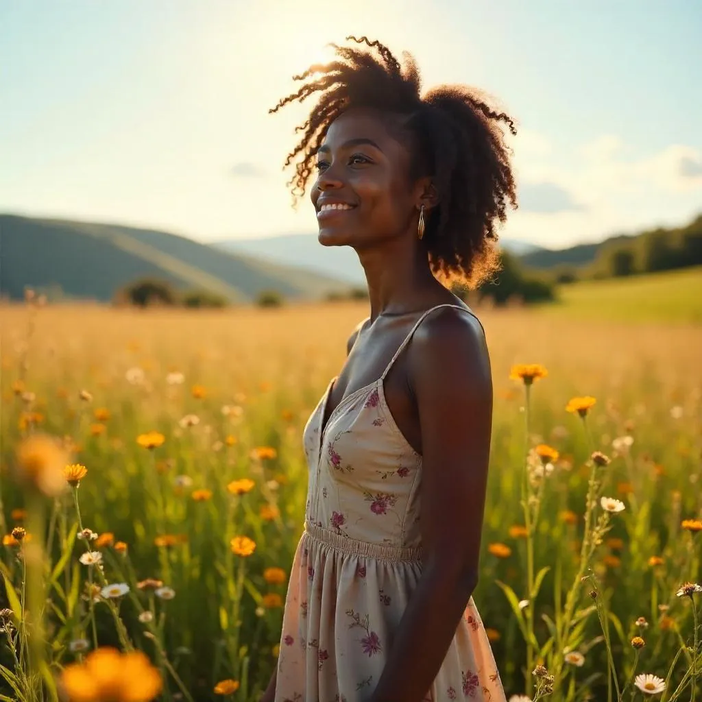 Golden Hour Meadow Portrait of a Young Black Woman