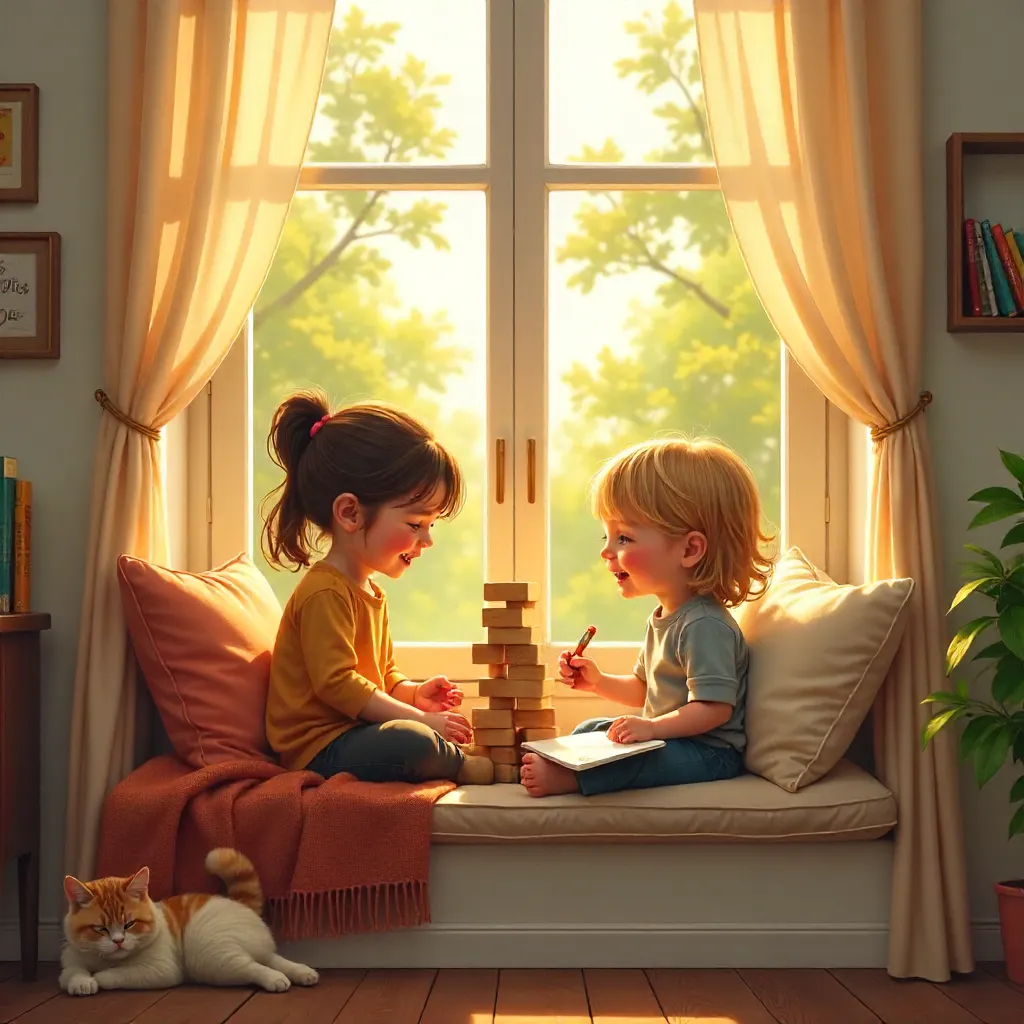 Sunlit window seat joy: siblings at play