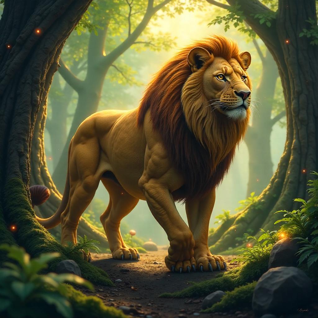 Photorealistic Manticore in an Enchanted Grove