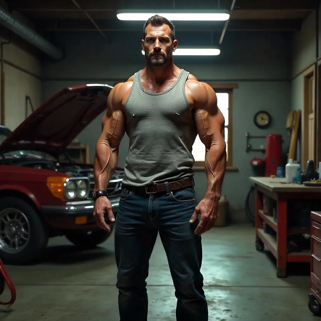 Muscular White Man in a 3D Garage Studio