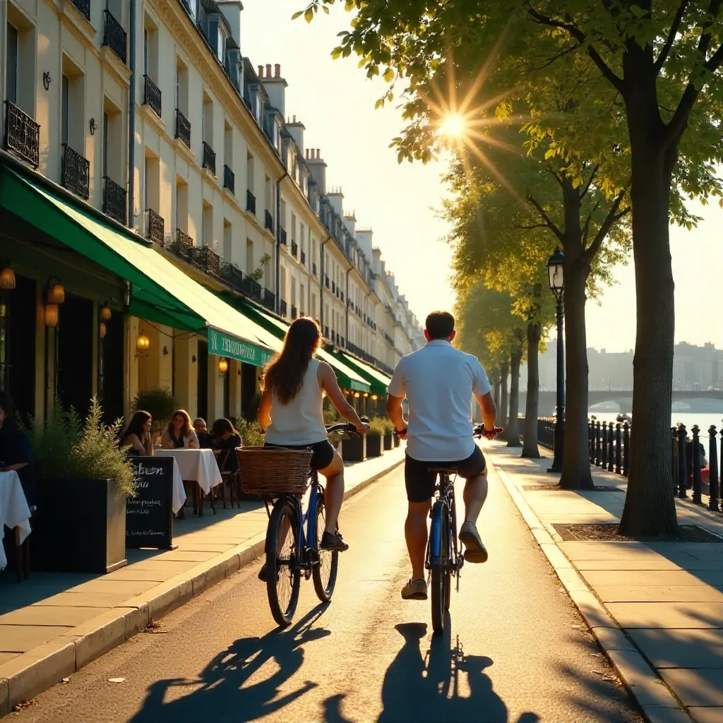 Two Cyclists Enjoying a Parisian Street Ride