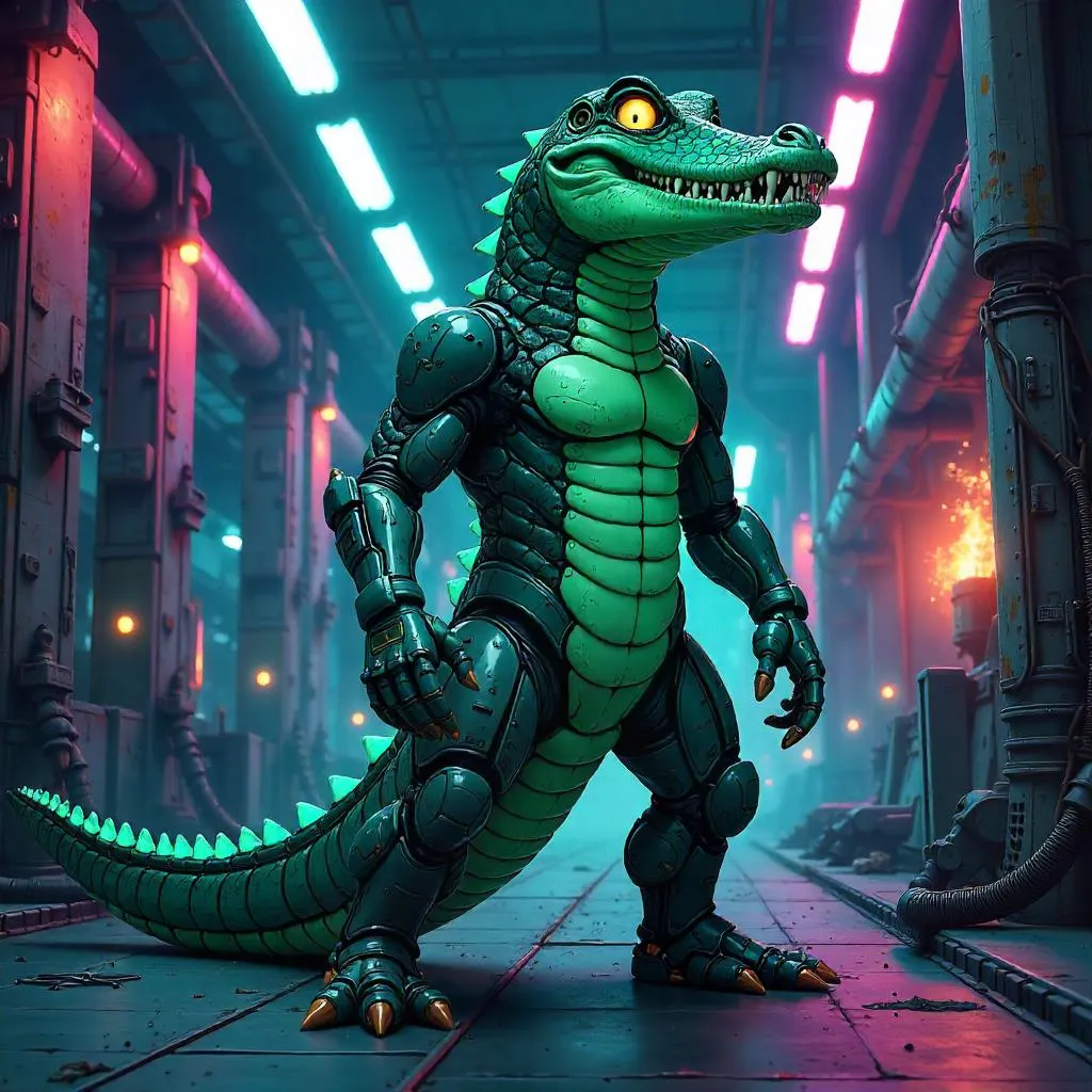 Crocodile Pilot in a Neon Robot Factory