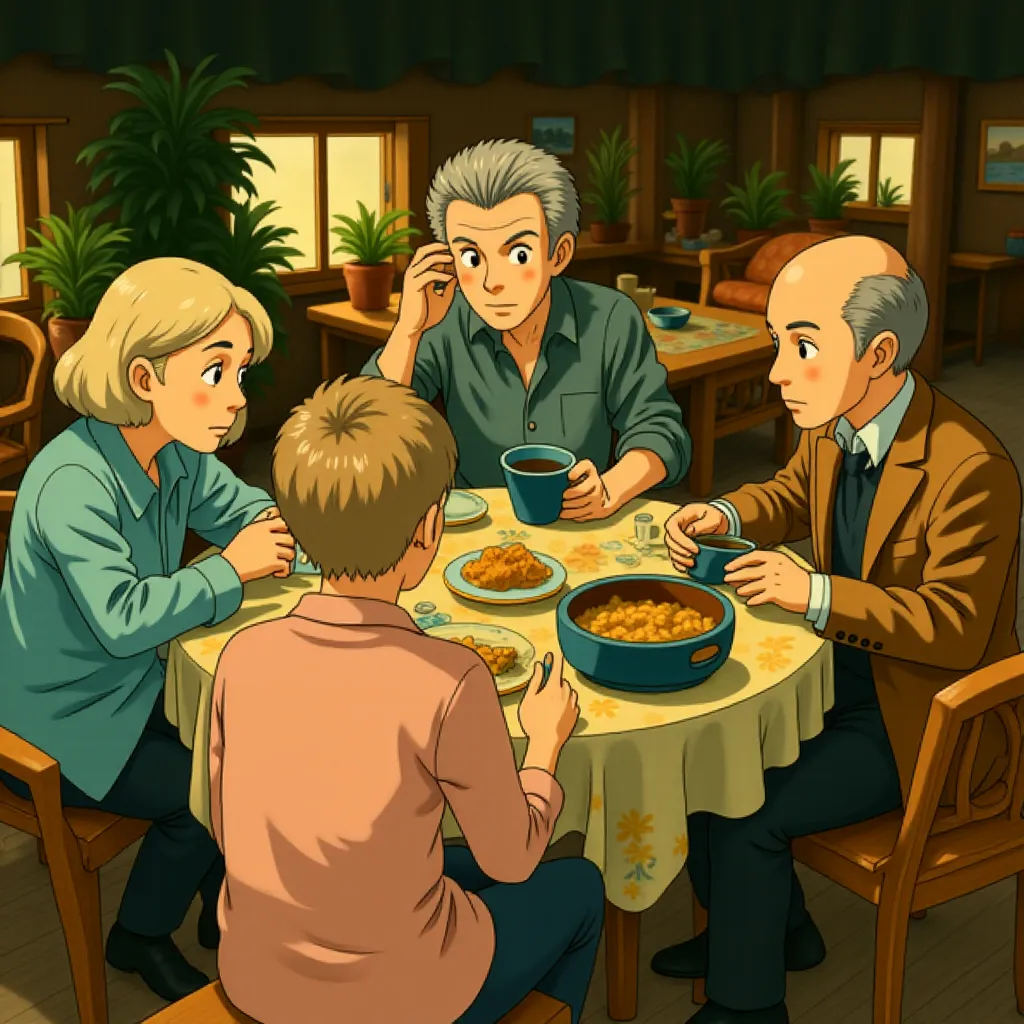 Pierce Brosnan, Helen Mirren, Ben Kingsley, and Celia Imrie in The Thursday Murder Club (2025) - Ghibli style