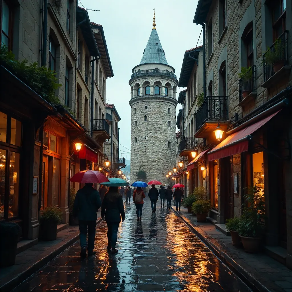 Rainy Istanbul Street View with Galata Tower