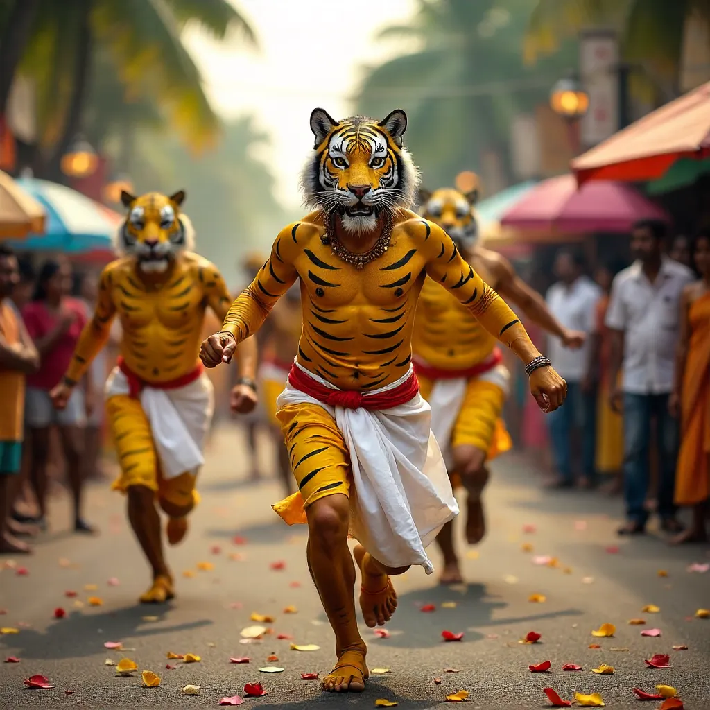 Colorful Pulikali Tiger Mask Dancers at Onam Festival
