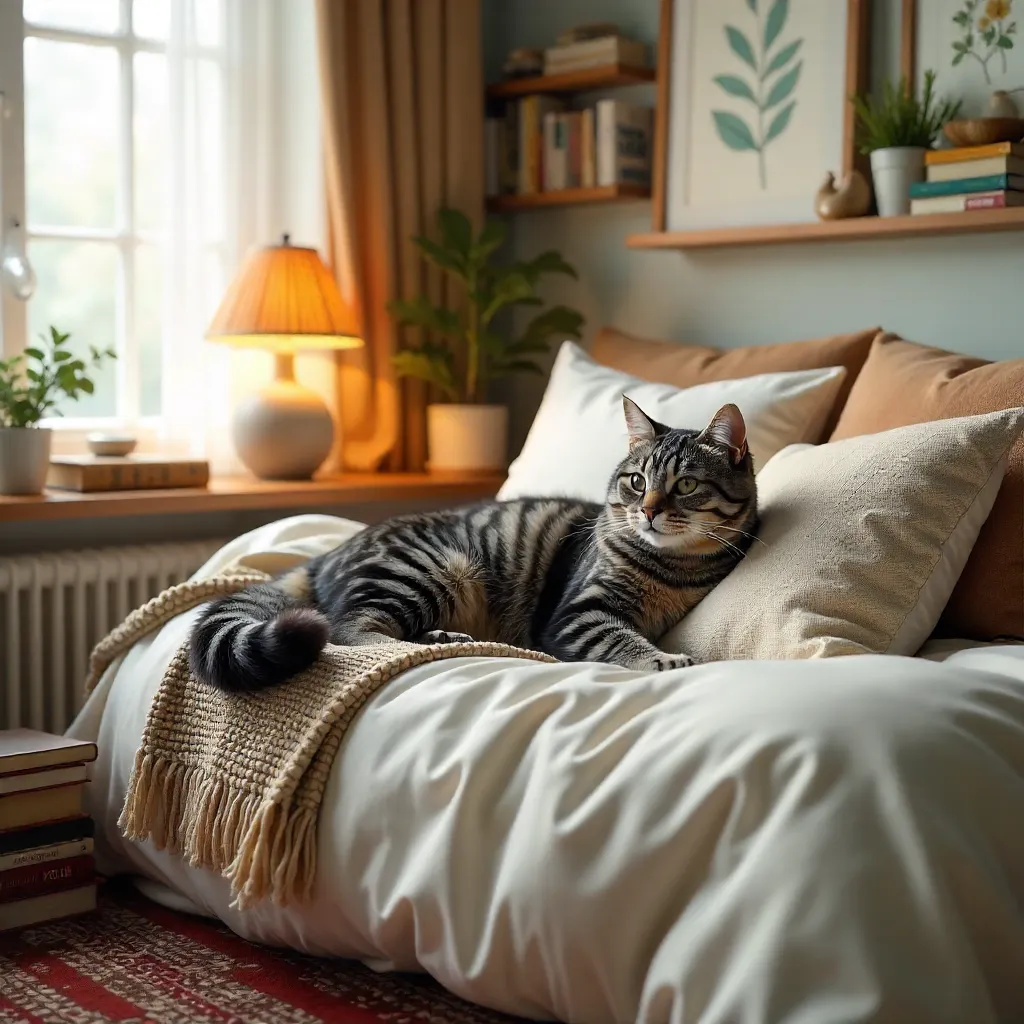 Grey Tabby Cat Lounging in a Cozy Bookish Bed