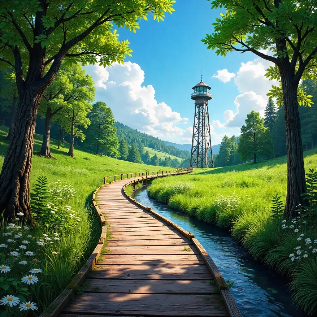 Wooden Path to an Observation Tower Under a Bright Sky