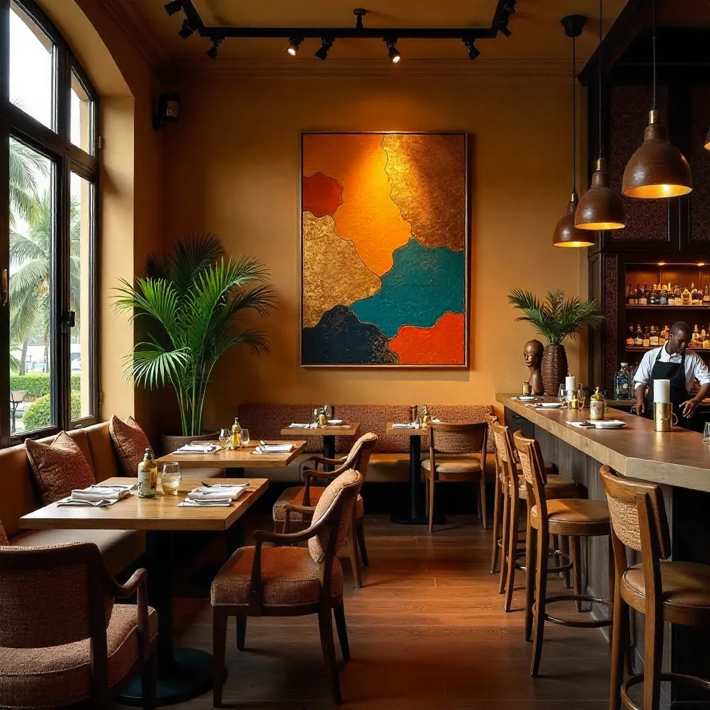 Warm Accra Restaurant Interior with Abstract Wall Art