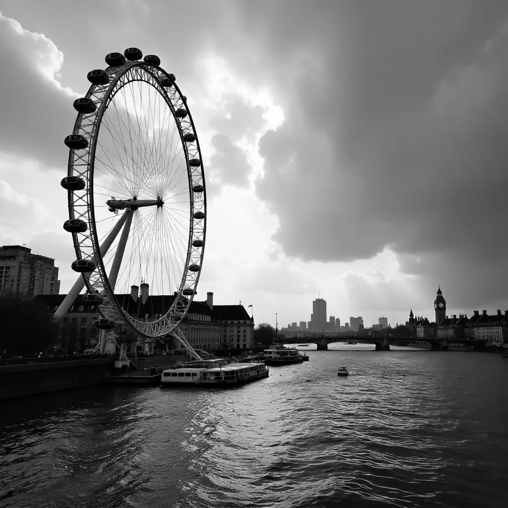 Monochrome London Eye Over Thames and Skyline
