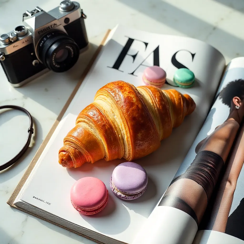 Editorial Flat Lay: Croissant, Macarons, and Fashion Magazine