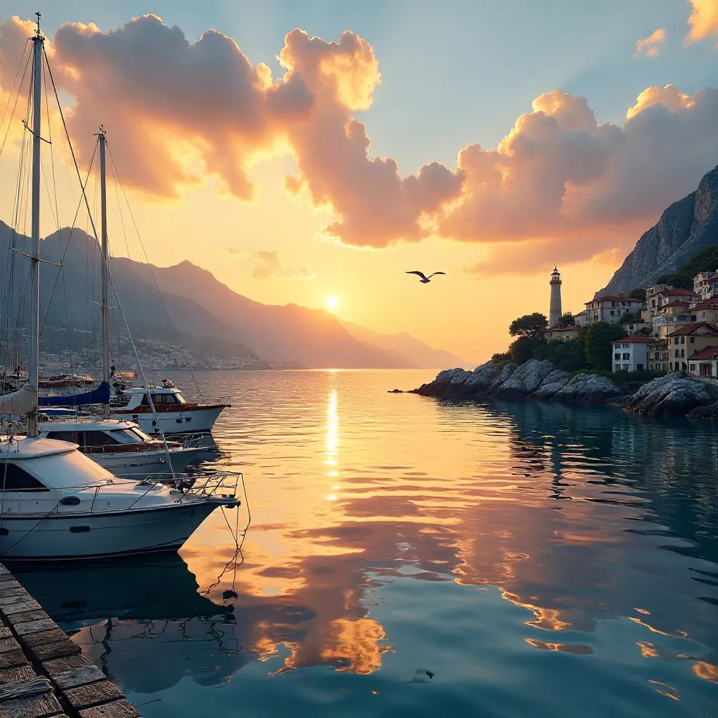 Harbor at Dusk: Mountains, Boats, and Coastal City