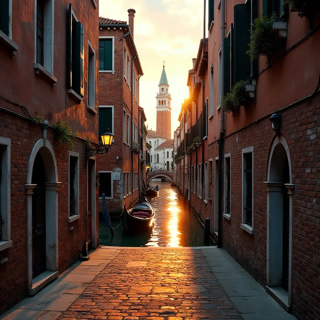 Golden Hour View of St Mark's Campanile from a Venetian Calle