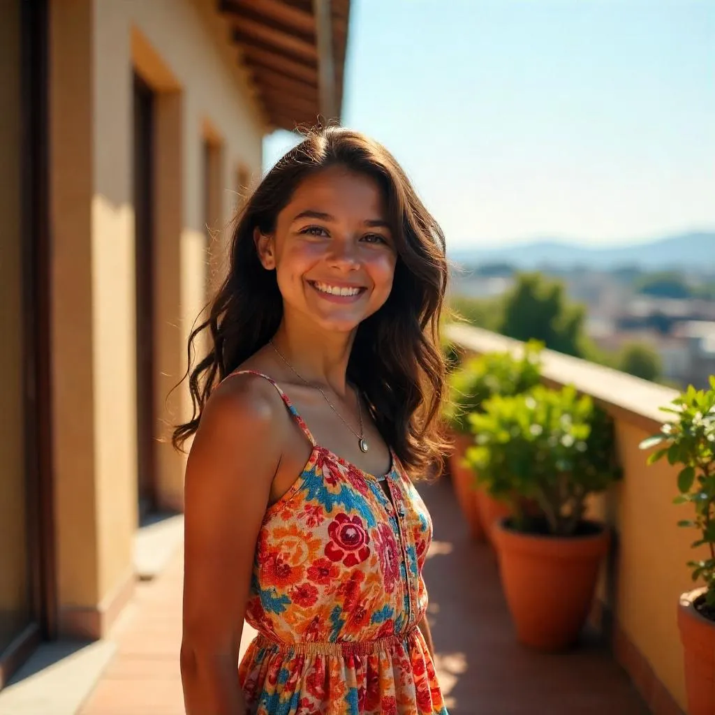 Cheerful Latina on a Sunny Terrace