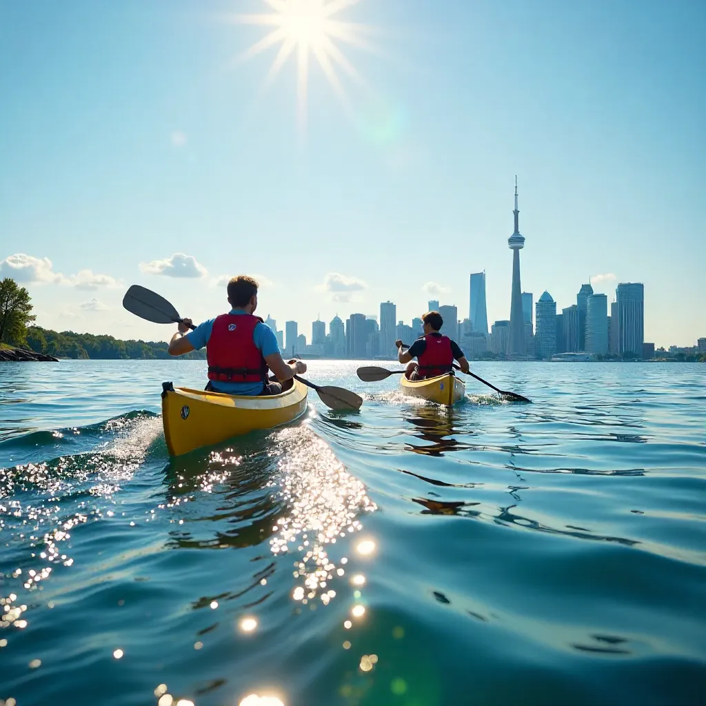 Canoeists on Lake Ontario with Toronto Skyline in Daylight