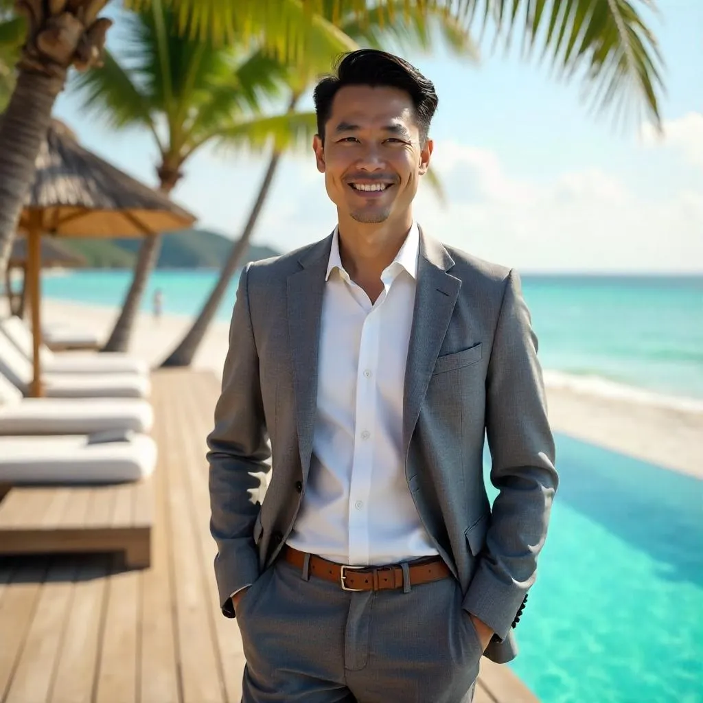 Photorealistic Asian Man at a Beach Resort