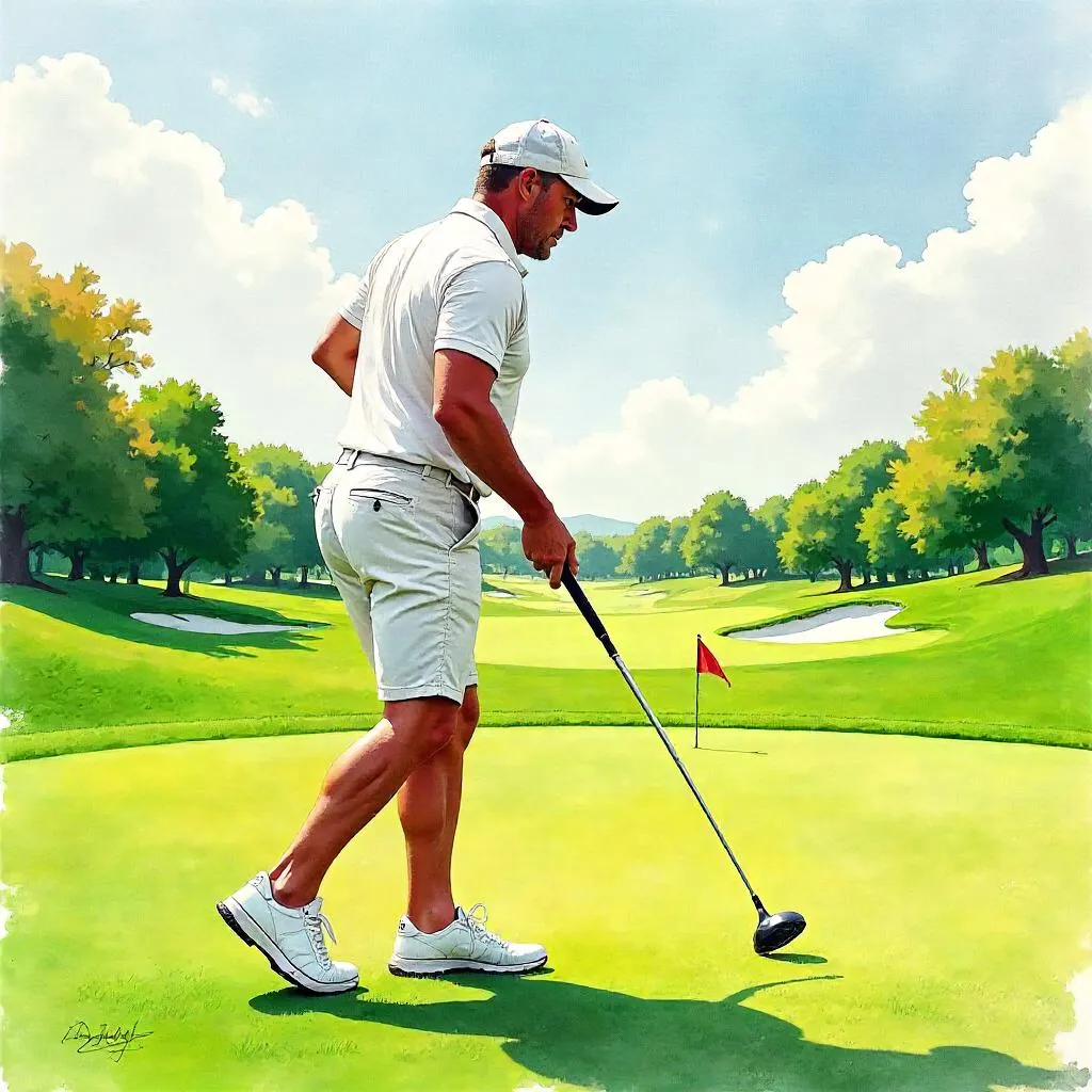 Watercolor Golf Scene: Athletic White Man on the Green