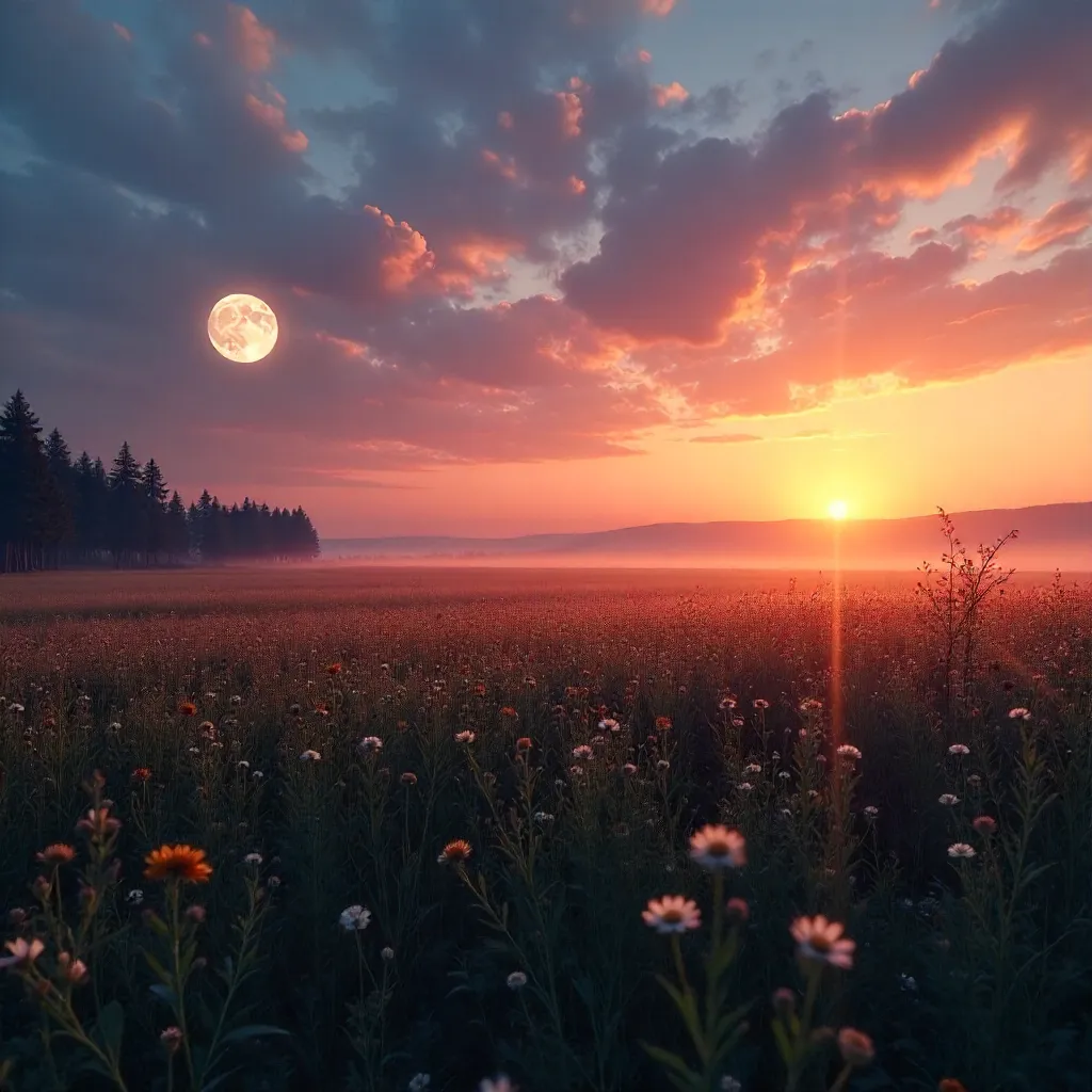 Moonrise Over a Tranquil Sunset Field