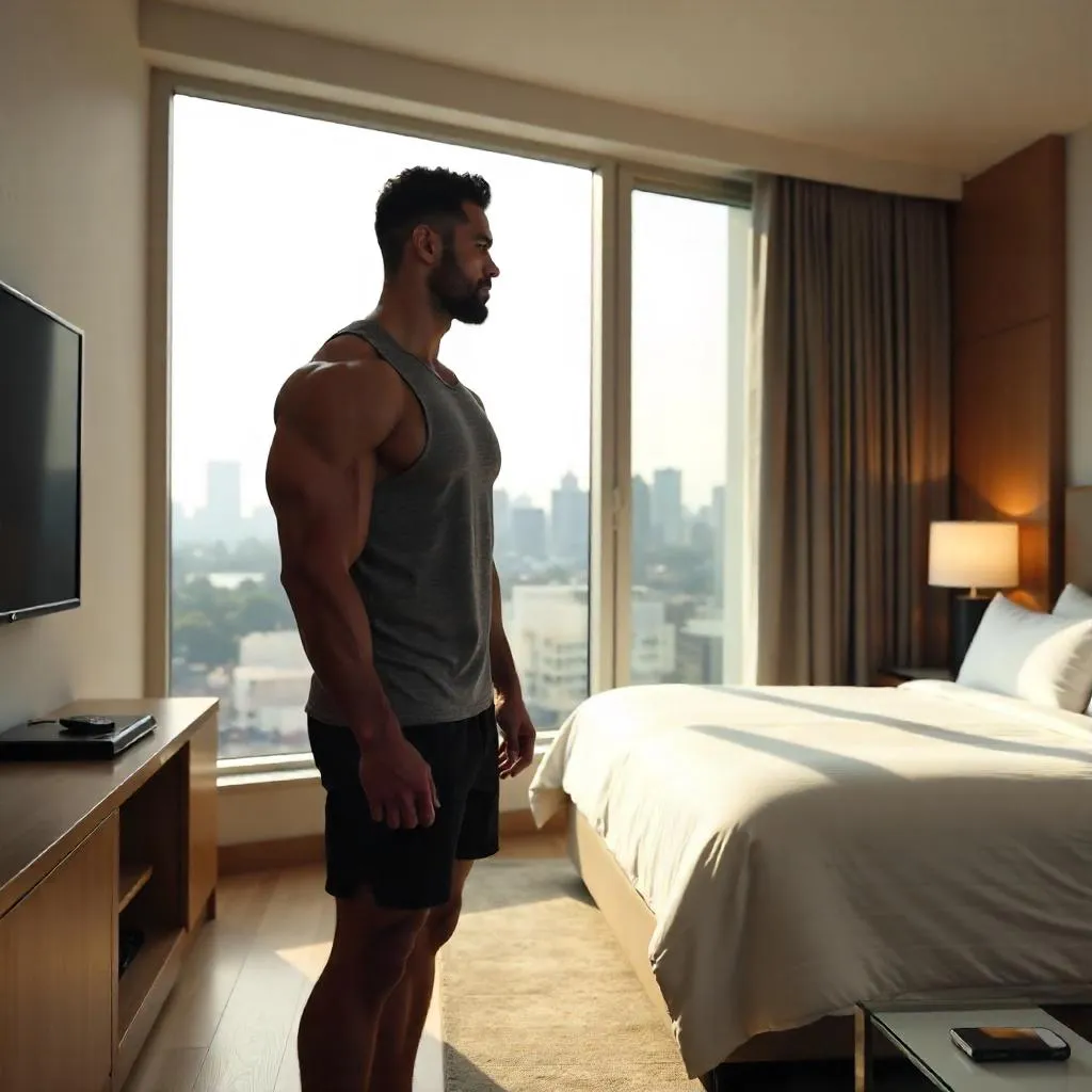 Athletic Latino Man in a Modern Hotel Room