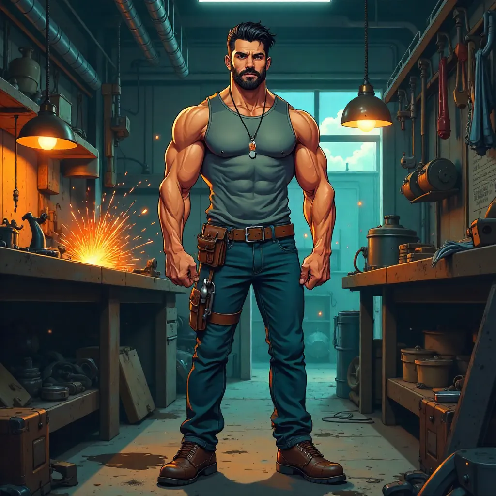 Strong Latino Man in an Anime Workshop