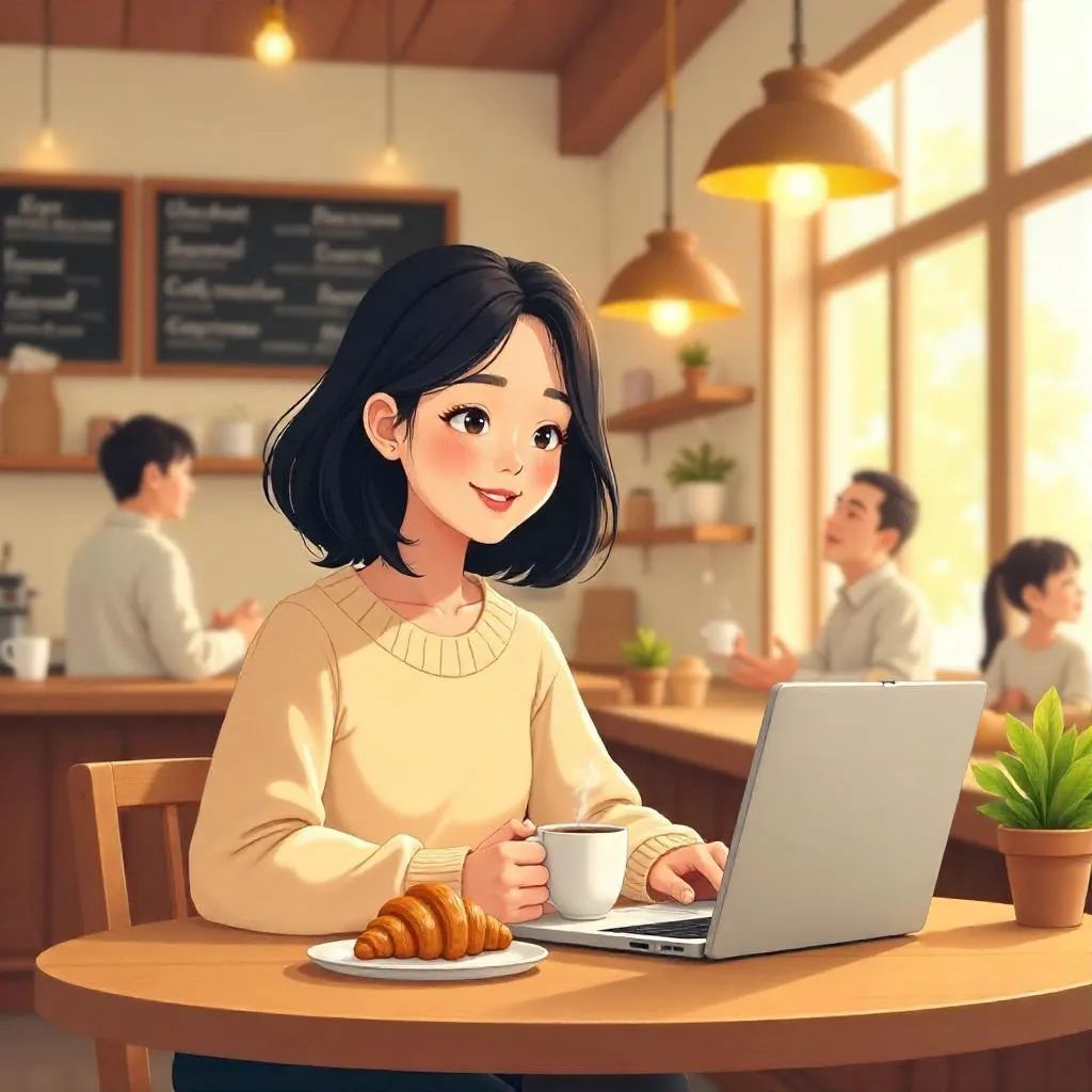 Cozy Cartoon Coffee Shop Moment with a Young Asian Woman