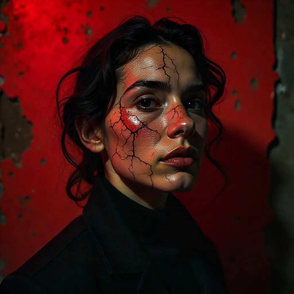 Crimson Portrait: Cracked Texture and Vintage Mood