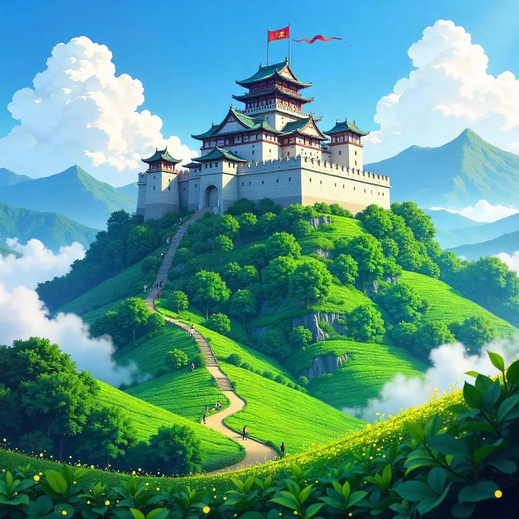Fortress of Emerald Tea Hills in Anime Style