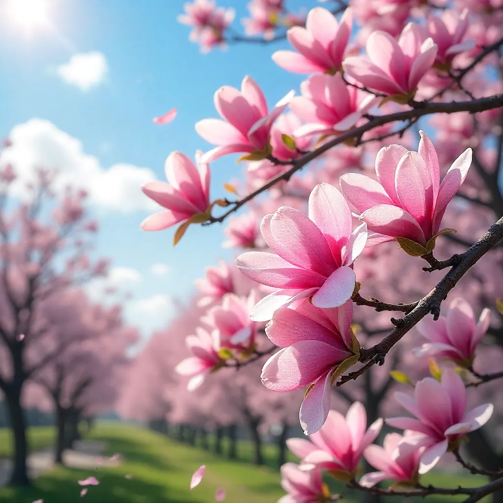 Vibrant Pink Magnolias Blooming Under a Spring Sky