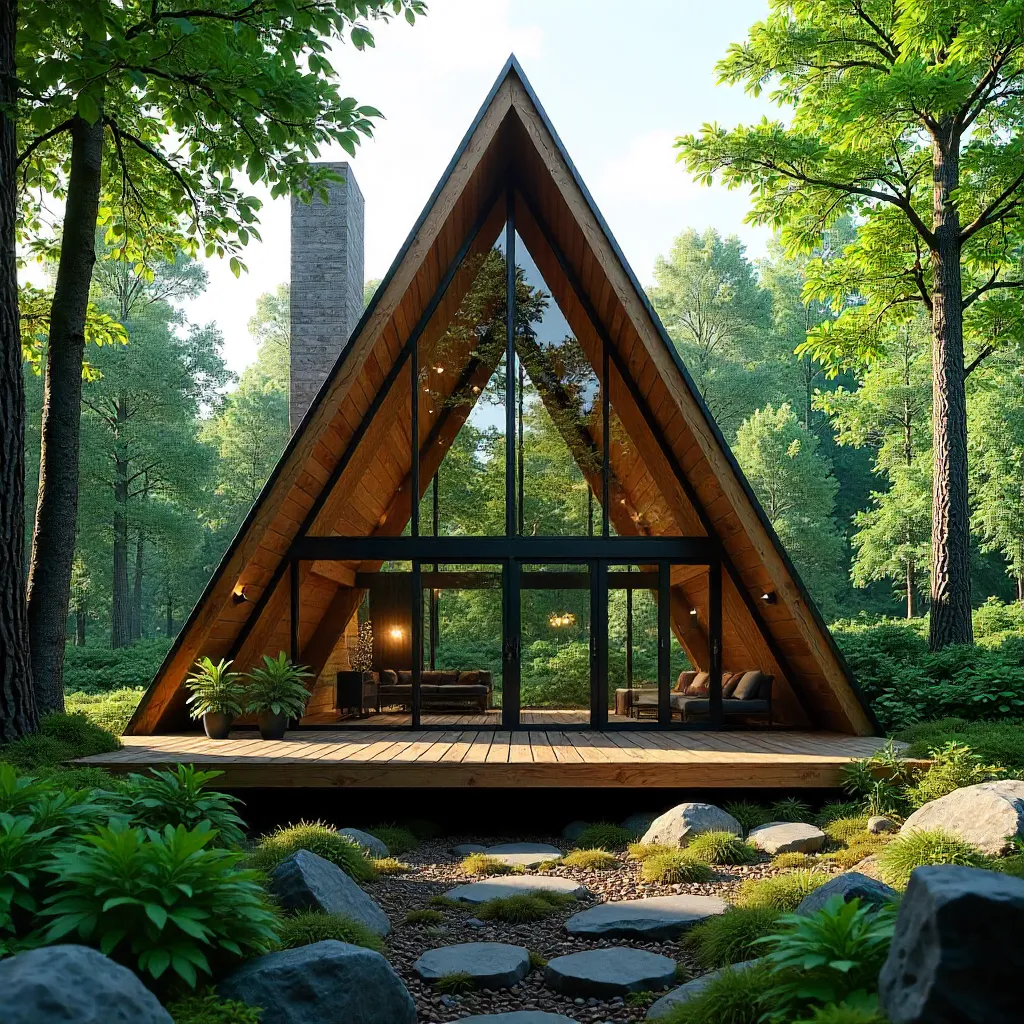 Serene Verdant A-frame House with Glass Paneling
