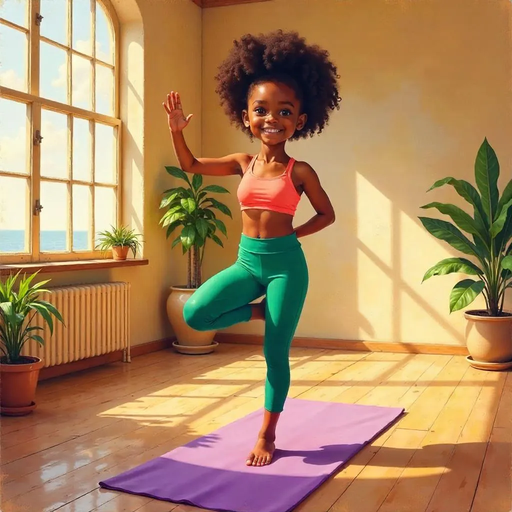Cheerful Black Girl in an Oil Painting Yoga Studio