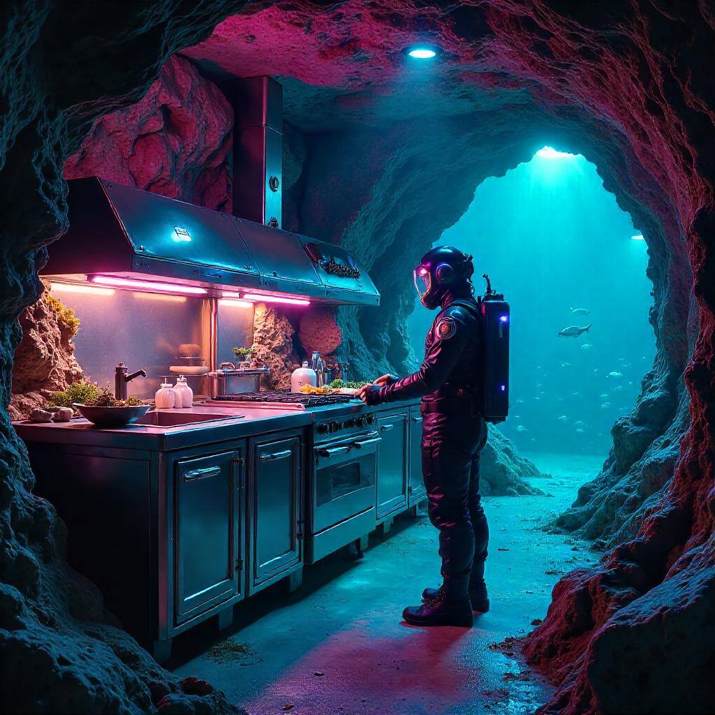 Cyberpunk Chef in an Underwater Cave Kitchen