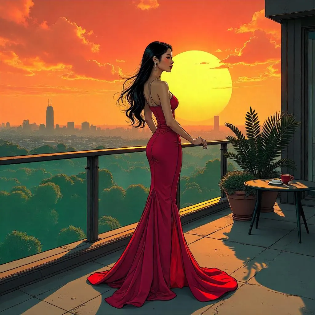 Terrace Serenity: Elegant Asian Woman in Comic Style