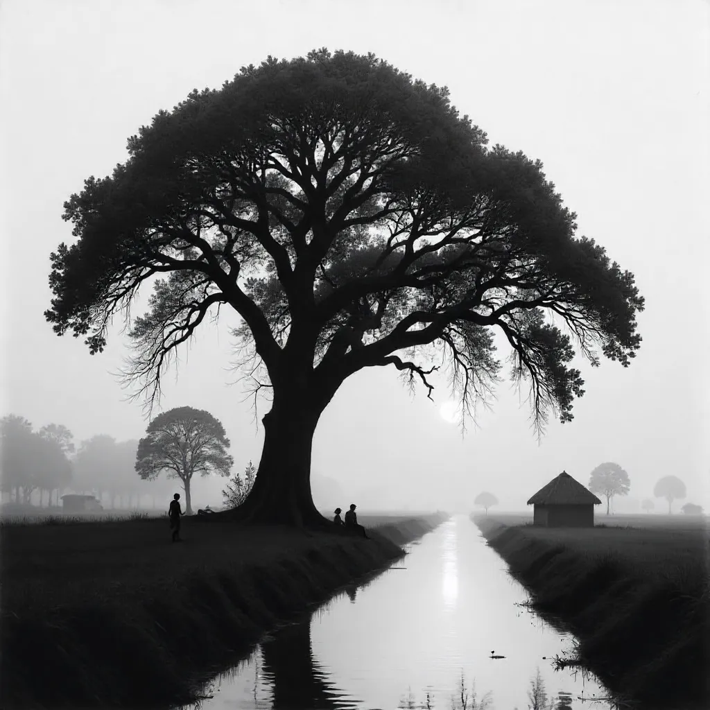 Silhouettes Beneath the Quiet Banyan in Rural Bangladesh